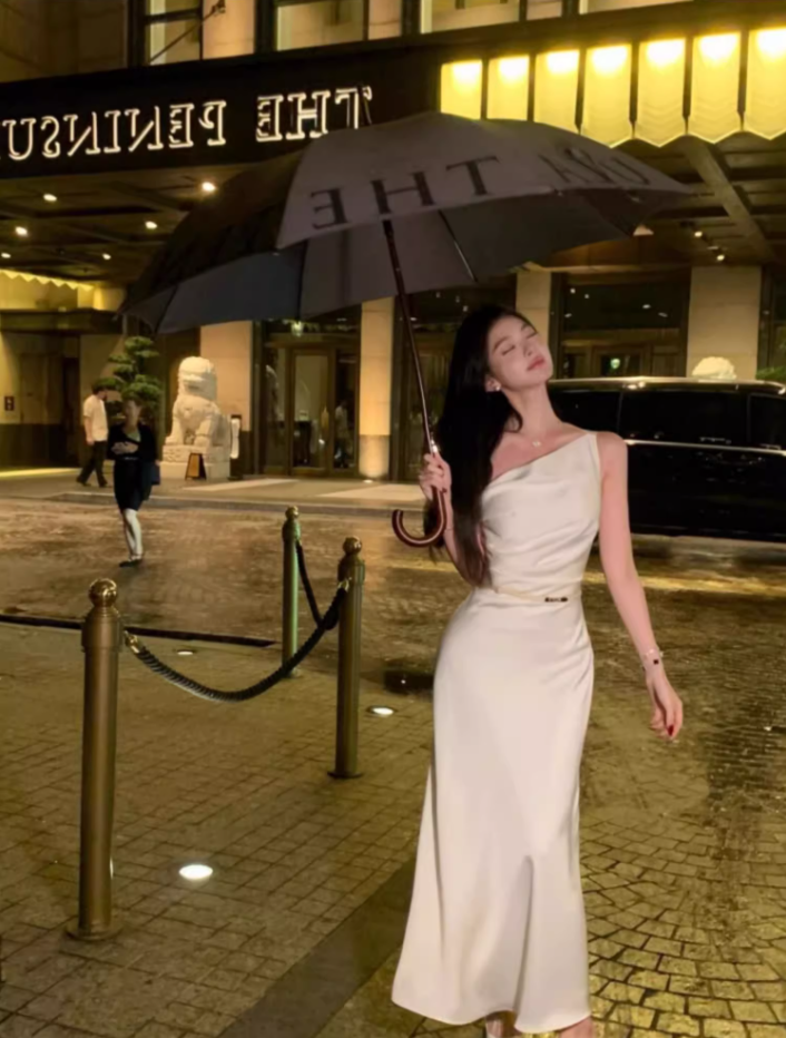 French style swing collar off-shoulder dress 2025 temperament satin fishtail high-end skirt R1479