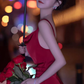 Burgundy suspender dress with sexy swaying collar and slits, slim fit and hip-hugging holiday outfit R1472