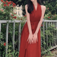 Retro halter neck dress sexy wine red temperament slim high-end dress R1486