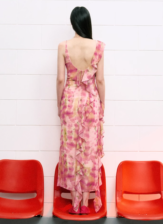 French asymmetric ruffled floral dress for women summer design niche long dress R3325