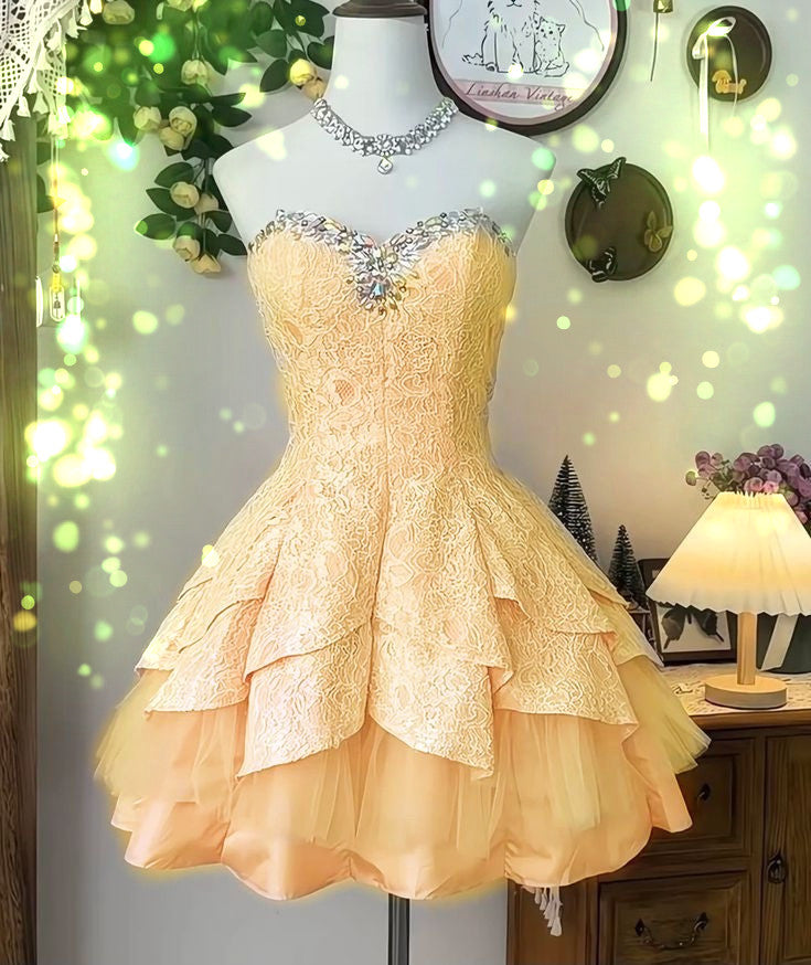 Pink tube top neckline diamond-studded slim fit homecoming dress R2546