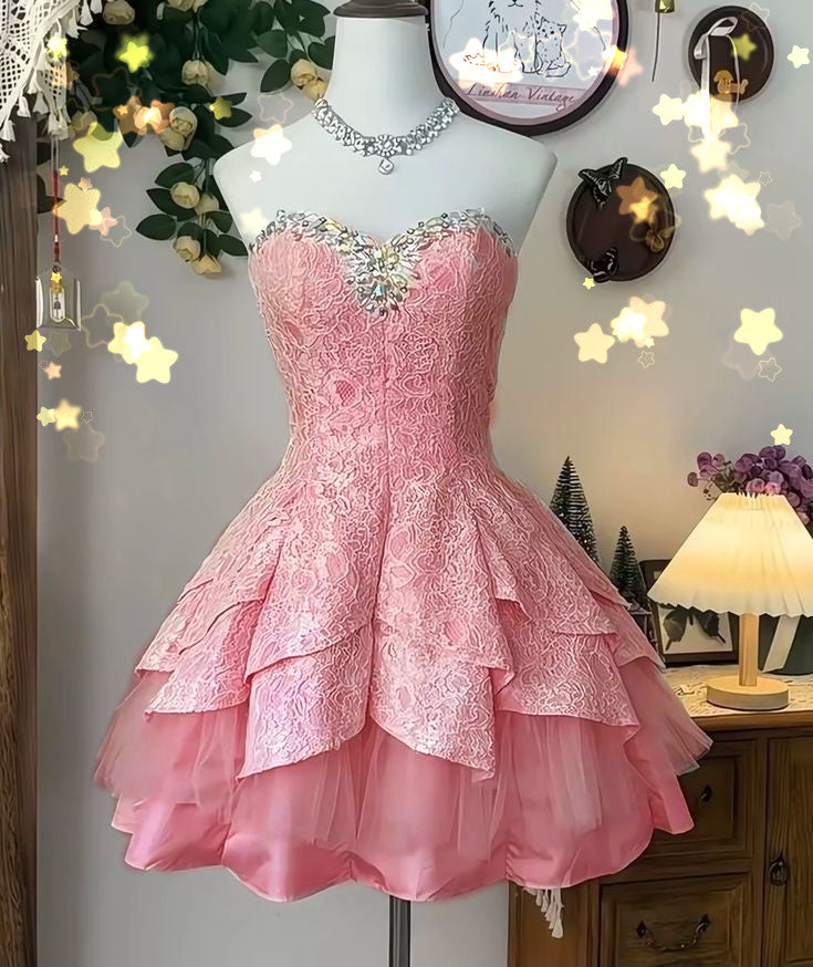 Pink tube top neckline diamond-studded slim fit homecoming dress R2546