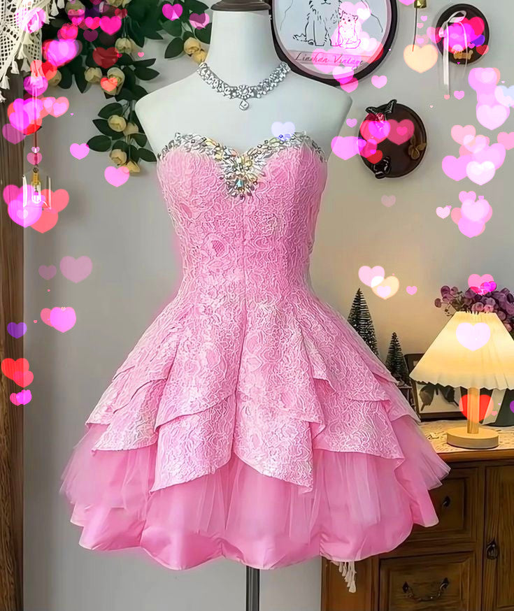 Pink tube top neckline diamond-studded slim fit homecoming dress R2546