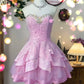 Pink tube top neckline diamond-studded slim fit homecoming dress R2546