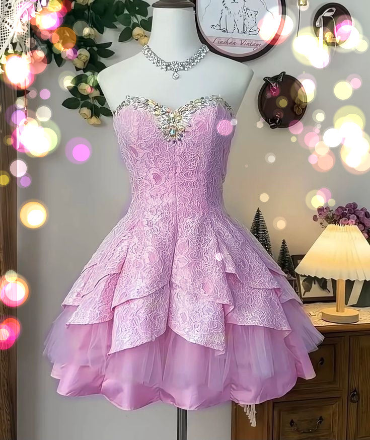 Pink tube top neckline diamond-studded slim fit homecoming dress R2546