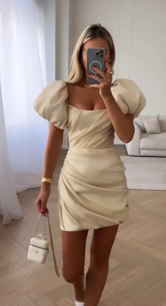 Champagne Puff Sleeve A-Line Slim Princess Dress homecoming dress R2412