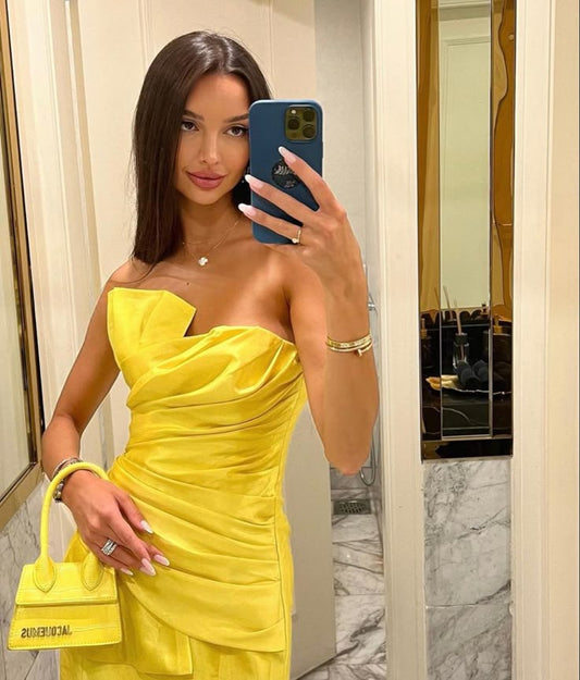 Bright yellow tube top asymmetrical design hip-hugging sexy homecoming dress R2413