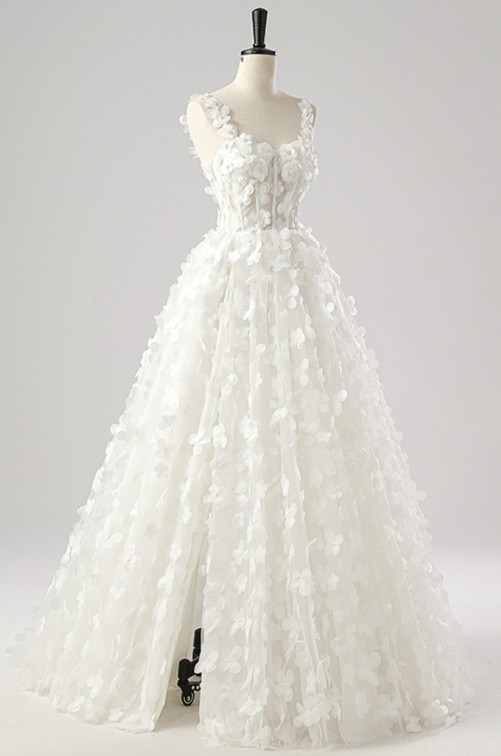 French Chic White A-Line Spaghetti Straps Applique Maxi Wedding Dress RS458
