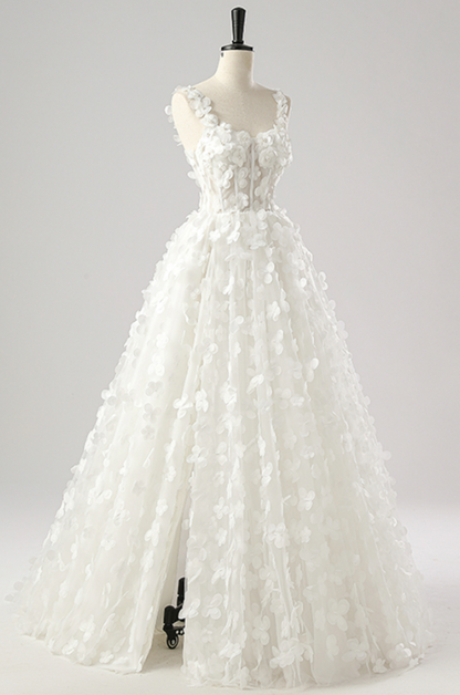 French Chic White A-Line Spaghetti Straps Applique Maxi Wedding Dress RS458
