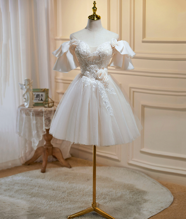 Gentle Ivory Homecoming Dress , Embroidered Tulle Pretty Corset Short Prom Dress RS1691