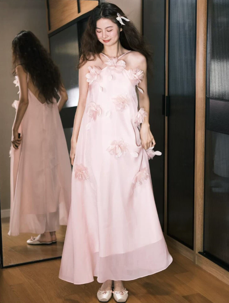Sweet Chiffon Applique Prom Gown Pink Women's Maxi Evening Dress Birthday Dress RS2788