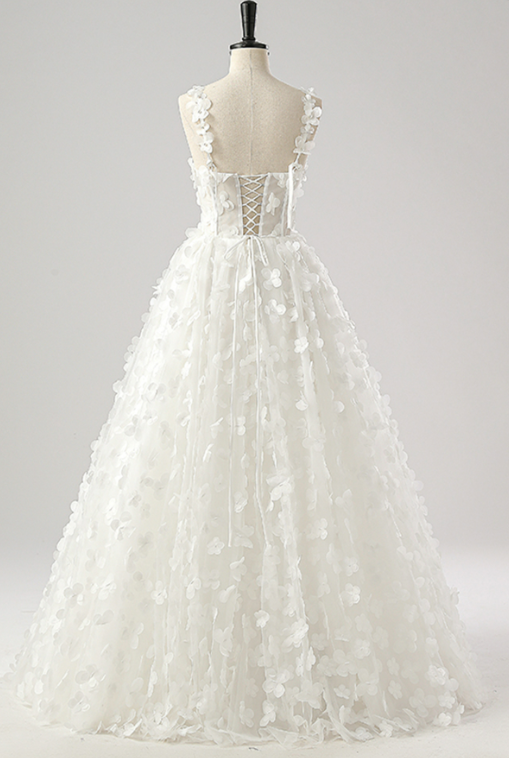 French Chic White A-Line Spaghetti Straps Applique Maxi Wedding Dress RS458