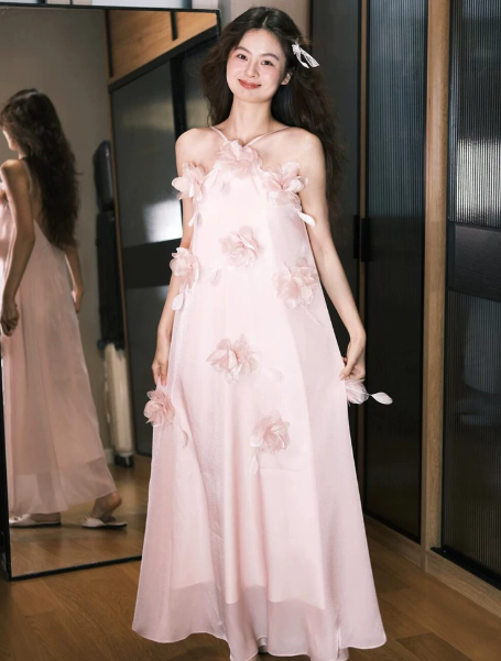 Sweet Chiffon Applique Prom Gown Pink Women's Maxi Evening Dress Birthday Dress RS2788