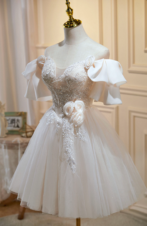 Gentle Ivory Homecoming Dress , Embroidered Tulle Pretty Corset Short Prom Dress RS1691