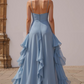 French Chic Baby Blue Ruffled A-Line Spaghetti Straps Corset Maxi Prom Dress Summer Dress RS628