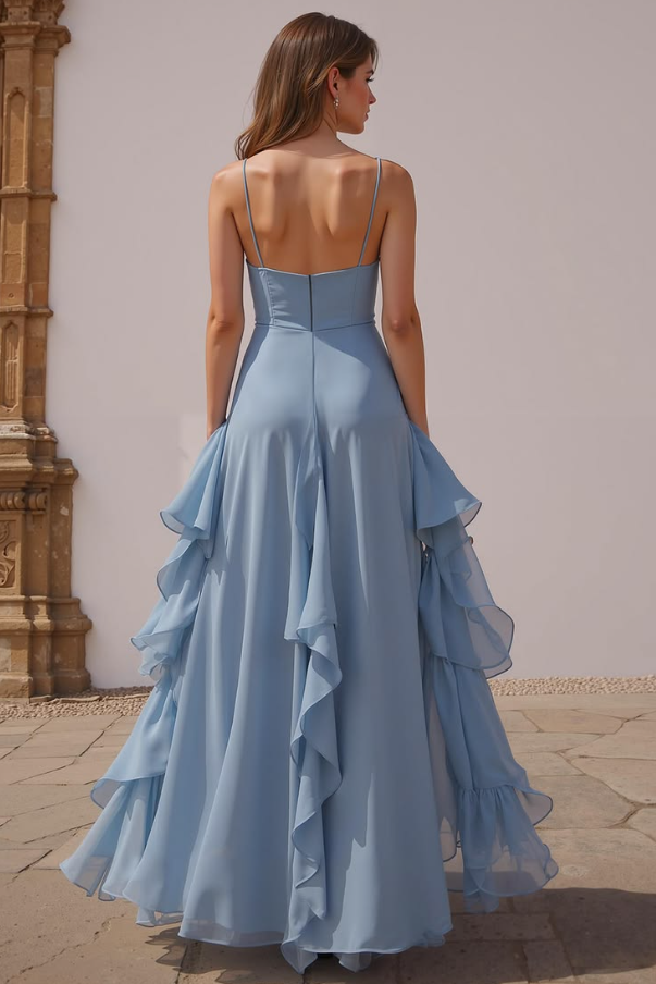 French Chic Baby Blue Ruffled A-Line Spaghetti Straps Corset Maxi Prom Dress Summer Dress RS628