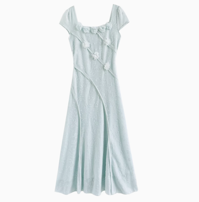 Summer new style elegant high-grade blue dress square collar waist long skirt R1898