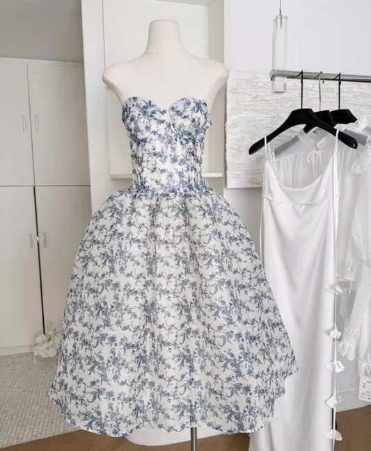Blue and white porcelain floral tube top long skirt high-end heavy waist dress R2062