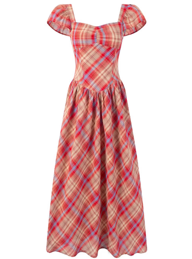 2025 Summer New Red Plaid French Retro Square Neck Temperament Short Sleeve Dress R0973