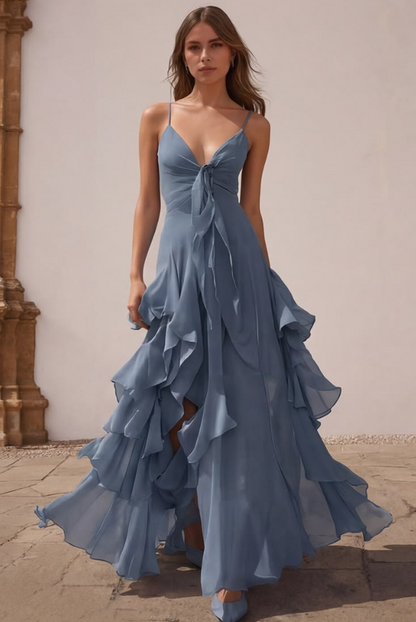 French Chic Baby Blue Ruffled A-Line Spaghetti Straps Corset Maxi Prom Dress Summer Dress RS628