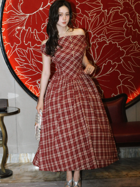 Retro Red Plaid A-Line Bateau Corset Midi Prom Dress Summer Dress RS629
