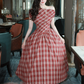 Retro Red Plaid A-Line Bateau Corset Midi Prom Dress Summer Dress RS629