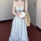 Blue floral dress gentle temperament beautiful summer skirt R0762
