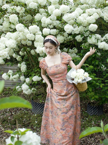 French Retro Orange Floral A-Line Square Corset Maxi Women Dress RS630