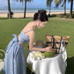 Blue and white plaid backless camisole new high waist swing skirt suit two piece set R0199