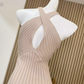 Temperament pure desire style cross halter neck sexy hip dress slim hollow knitted long skirt R0291