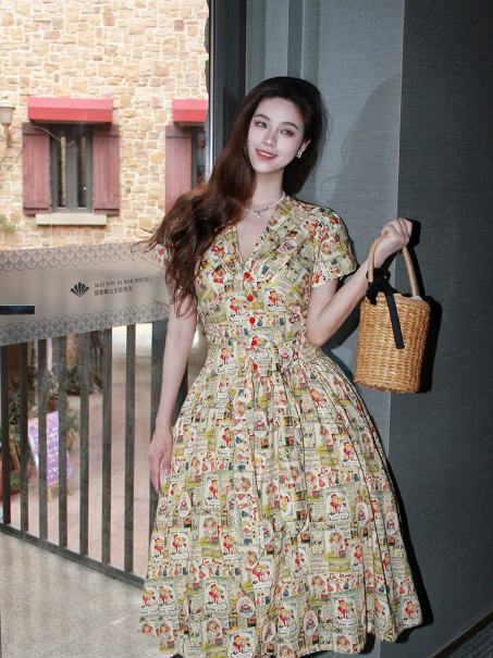 French Retro Floral A-Line V-neck Corset Midi Women Dress Prom Dress RS632