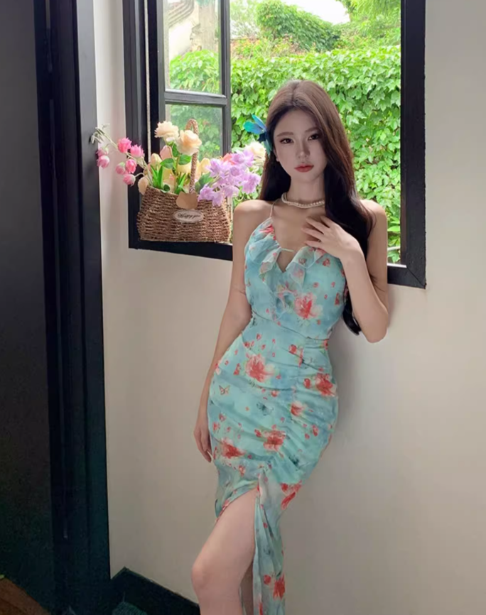 Sweet and spicy high slit slim backless dress beach dress seaside holiday atmosphere dress R1576