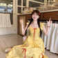 Long ruffled square neck waist dress for women summer French temperament A-line skirt R4744