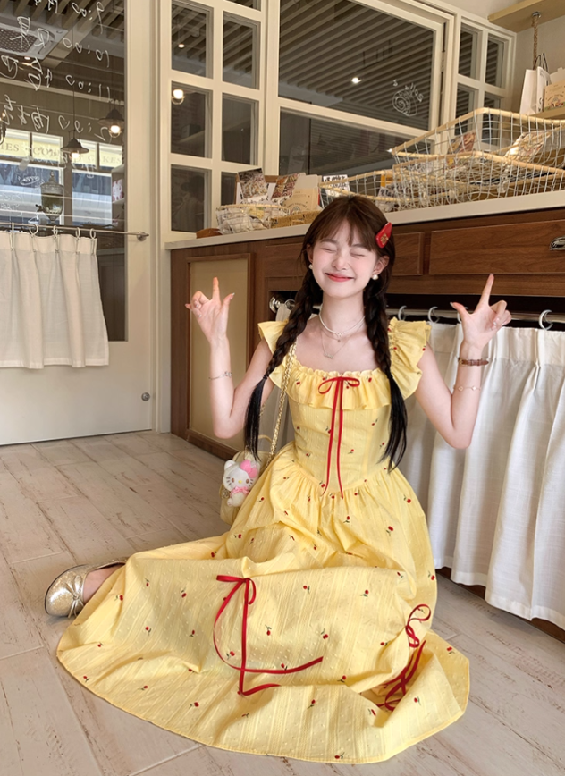 Long ruffled square neck waist dress for women summer French temperament A-line skirt R4744