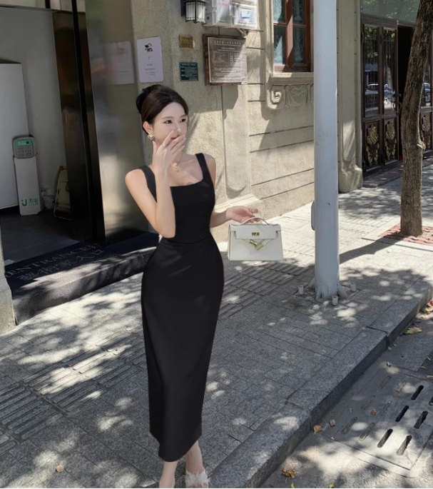 French style high-end black suspender dress temperament slim fit slit hip long skirt R1516