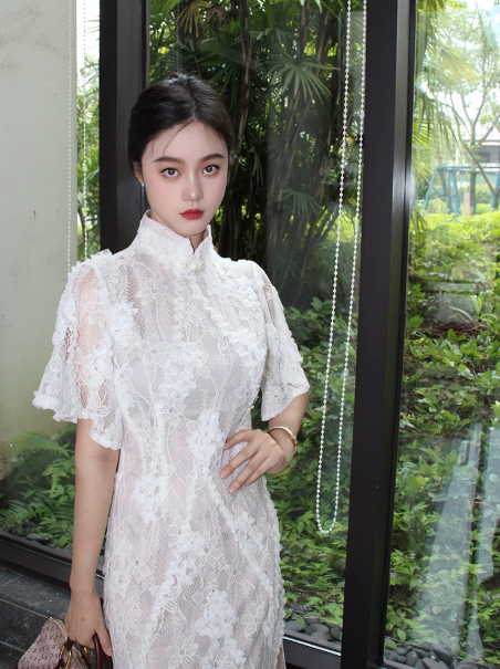 Elegant White Sheath High Collar Lace Maxi Prom Dress RS635