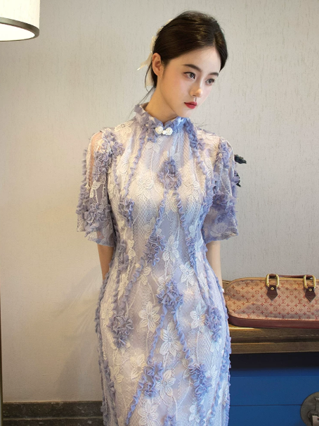 Elegant Lavender Sheath High Collar Lace Maxi Prom Dress RS636