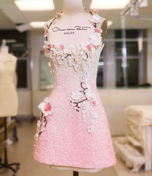 Pink gradient three-dimensional flower halter neck slim fit A-line homecoming dress R2475