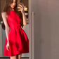 Red waist vest dress temperament dress puffy skirt R0548
