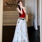 Date suit red sleeveless backless sweater printed skirt rich feeling outfit two piece suit R1744
