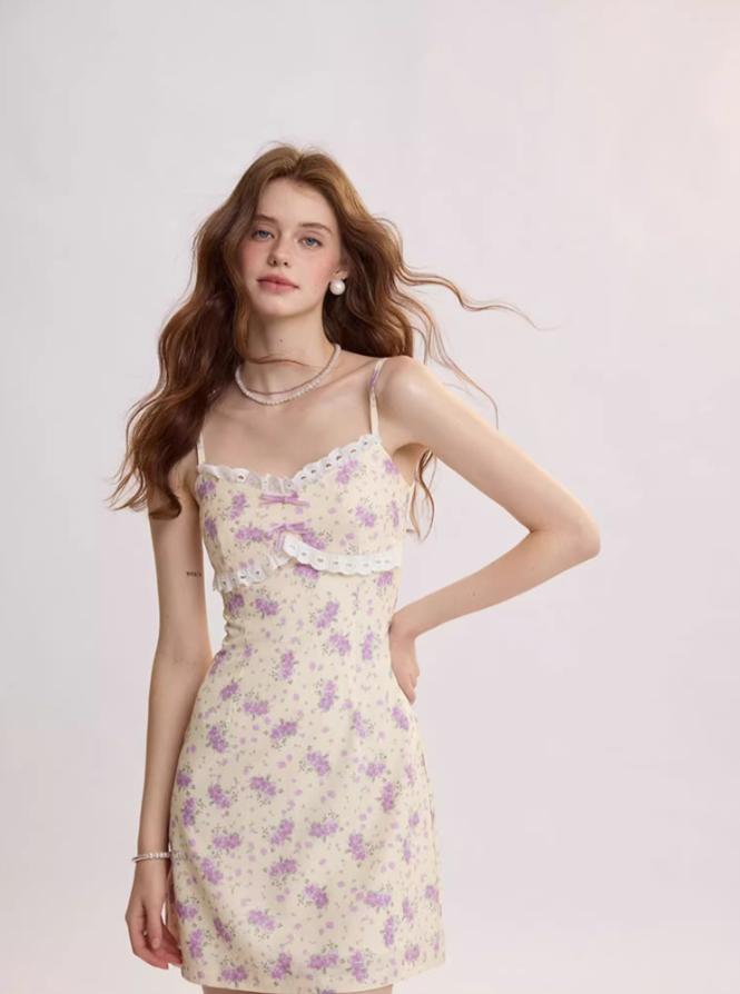 French floral suspender short dress R2711
