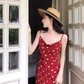 Retro mid-length polka dot dress French style holiday style sexy slim suspender skirt R1495