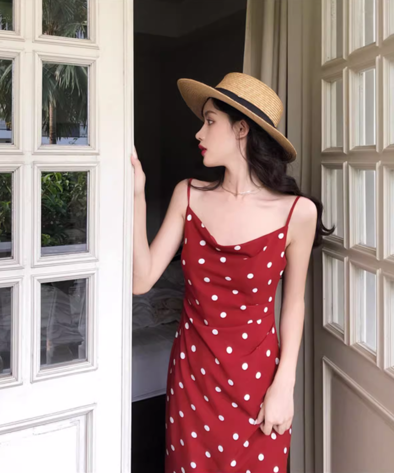 Retro mid-length polka dot dress French style holiday style sexy slim suspender skirt R1495