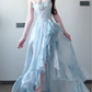 Elegant Pale Blue A-Line Spaghetti Straps Asymmetrical Hem Maxi Prom Dress RS639