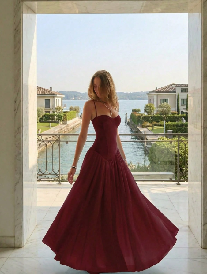 Flowy Spaghetti Straps Prom Gown Burgundy Women's Corset Maxi Evening Dress Casual Dress RS2894
