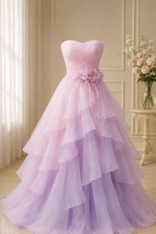 Tulle Tiered Corset Prom Gown , Dreamy Women's Maxi Birthday Dress Ball Gown RS2408