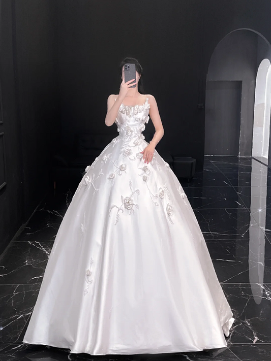 White suspender satin three-dimensional flower waist slim fit puffy skirt bridal dress R6013