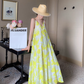 Cold style suspender dress women's printed backless travel beach dress holiday super fairy long dress R0182