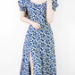 2025 Summer New French Square Neck Blue Temperament Floral Holiday Platycodon Dress R0945