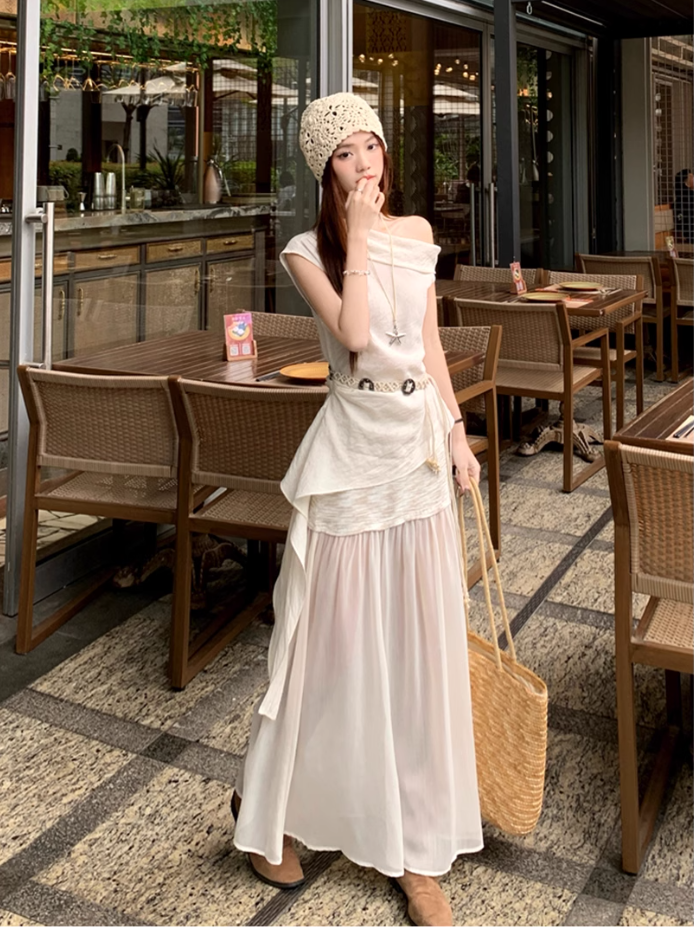 Fairy temperament high-end irregular off-shoulder sleeveless top skirt suit two-piece suit R1756
